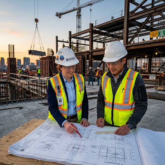 Vasavi Infra Solutions founder engineers reviewing structural plans